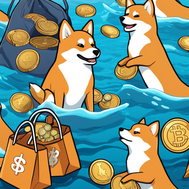 cartoon-style digital illustration of Shiba Inu sharks in a crypto-themed ocean, holding bags of SHIB coins, modern and vibrant digital art, Artstation HQ, trendy magazine publication look