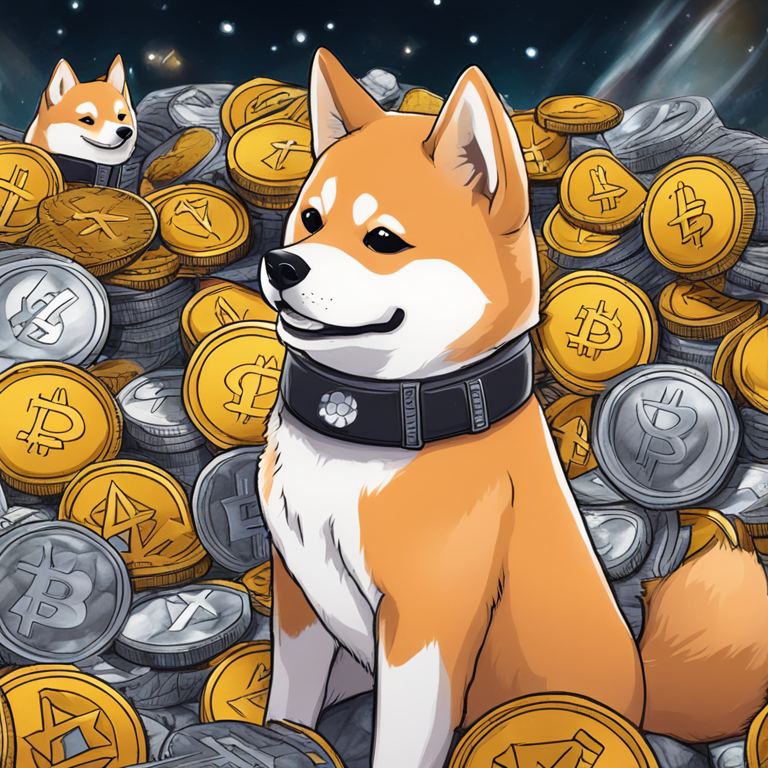 Hand-drawn digital illustration of a Shiba Inu dog surrounded by cryptocurrencies, Artstation HQ, digital art