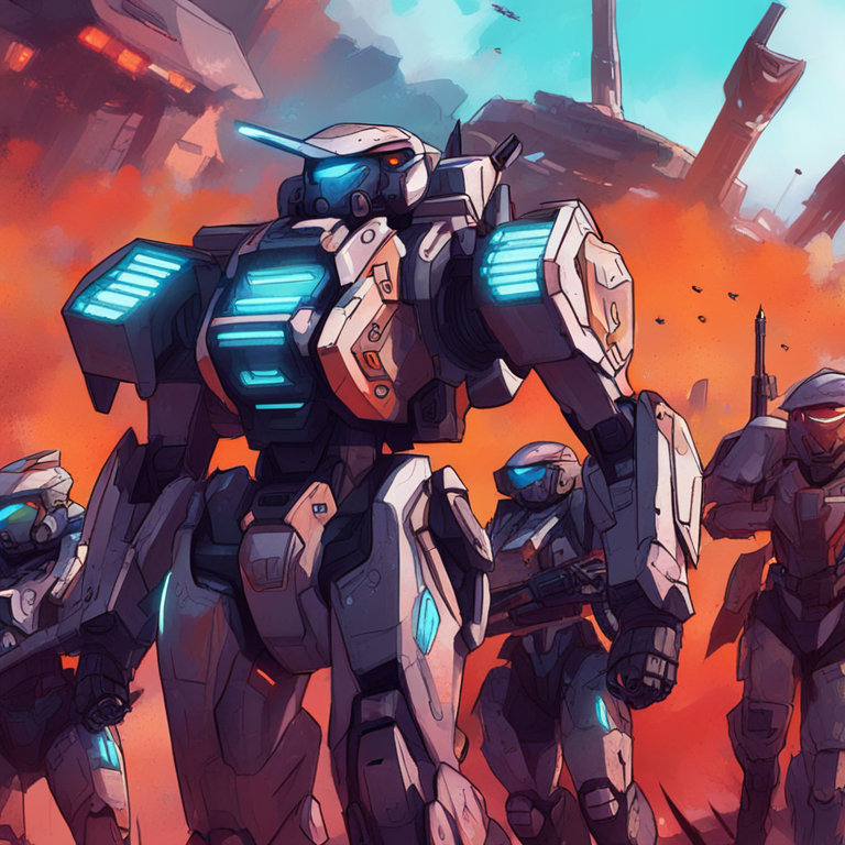 Hand-drawn digital illustration of futuristic soldiers in an MMO combat game, high-tech mechs on a battlefield, vibrant colors, detailed, trending on Artstation, digital art