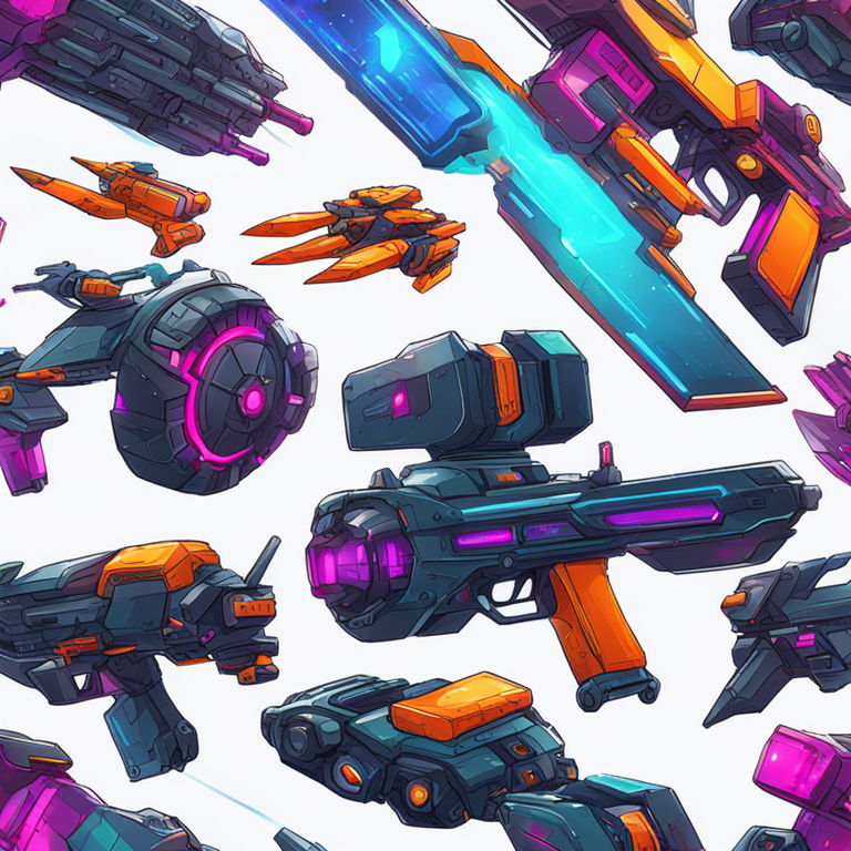 Hand-drawn digital illustration of futuristic weapons and vehicles in MetalCore game, blockchain integration theme, vibrant colors, detailed, digital art, trending on Artstation