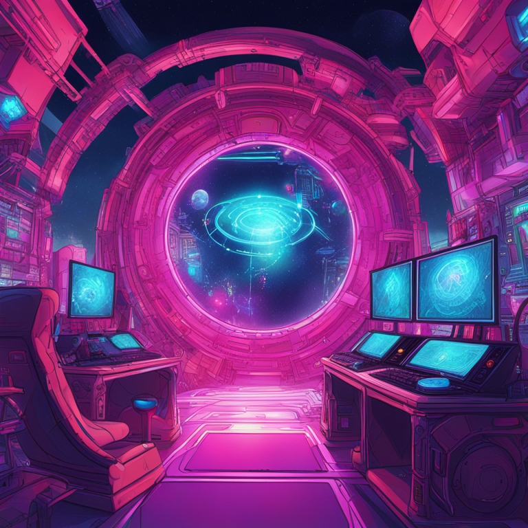 Hand-drawn digital illustration showcasing a futuristic gaming universe, with a high-tech portal, vibrant colors, and intricate details, trending on Artstation, inspired by digital art experts