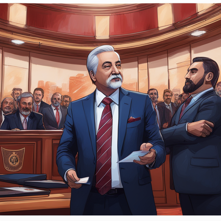 Hand-drawn digital illustration of AK Party Group Chairman Abdullah Güler presenting crypto bill details, Artstation HQ, political environment, vibrant and detailed, digital art, expressive illustration, important legislative event, detailed hall background