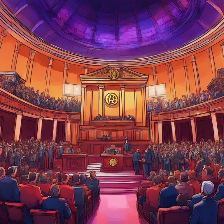 Hand-drawn digital illustration of AK Party's Bitcoin and Crypto Asset Bill, Artstation HQ, digital art, vibrant colors, Turkish parliament setting