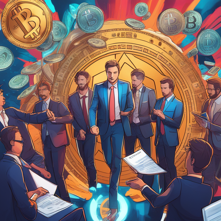 Stylized concept of cryptocurrency regulations, hand-drawn digital illustration, Artstation HQ, digital art, legal papers and bitcoin symbols swirling around businesspeople, modern, detailed, vibrant colors, semi-realistic.