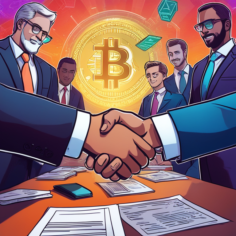 Visual representation of regulatory changes in crypto, hand-drawn digital illustration, Artstation HQ, digital art, businessmen shaking hands over crypto symbols, legal documents in the background, professionally detailed, vibrant colors.