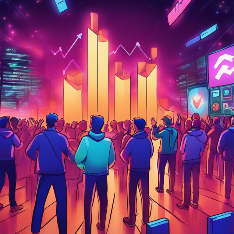 hand-drawn digital illustration of crypto trading volume growth, Artstation HQ, digital art, dynamic and colorful, arrows pointing upward, investors celebrating, futuristic trading interface, modern digital market scene