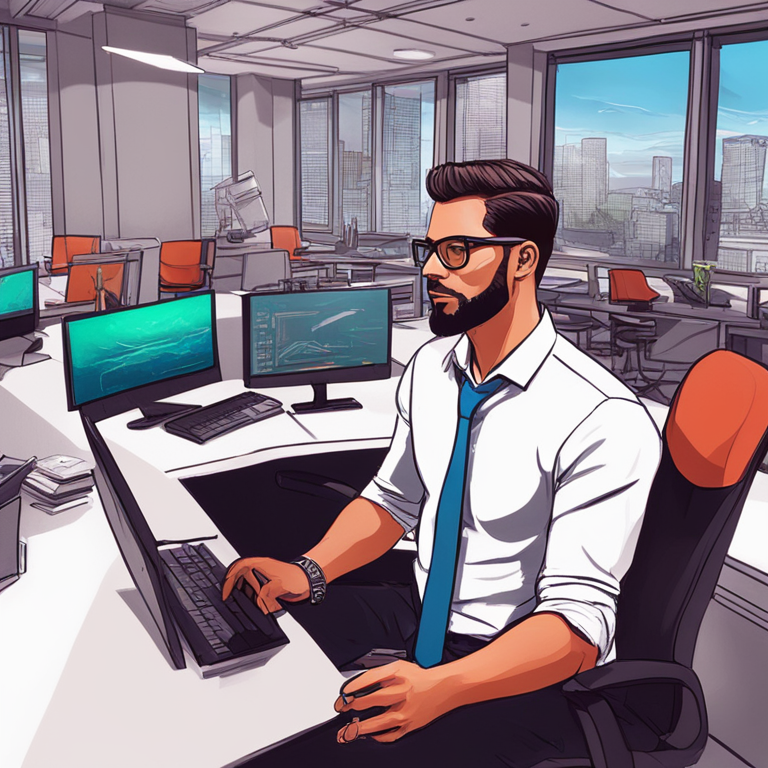 hand-drawn digital illustration of a business founder envisioning future projects, set in a modern office environment, Artstation HQ, digital art, vibrant, forward-thinking atmosphere, expressive details, realistic and dynamic