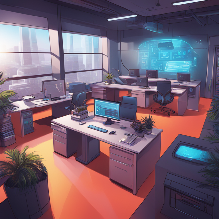 Digital illustration depicting a futuristic office environment, hand-drawn digital illustration, Artstation HQ, vibrant and modern style