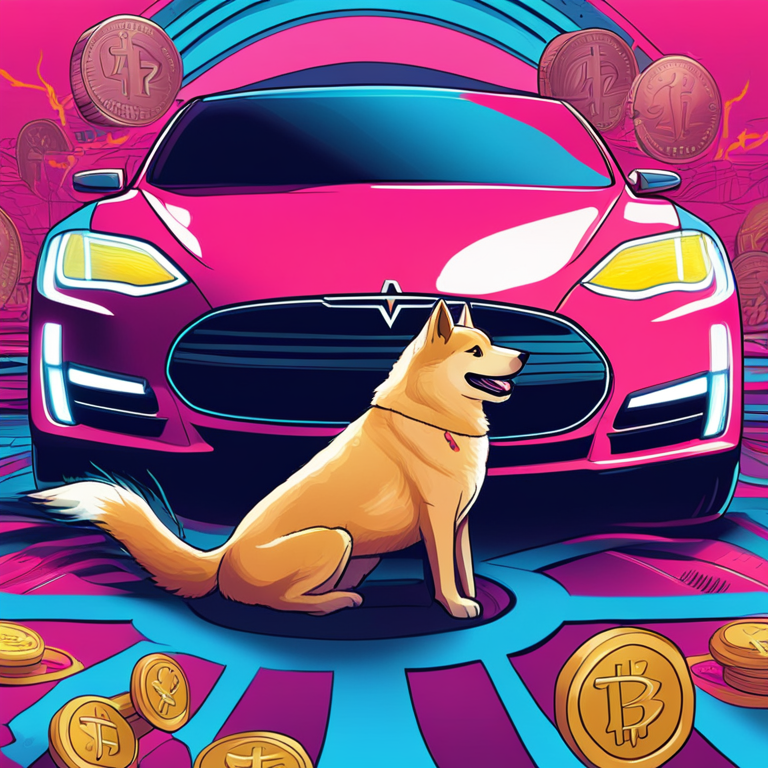 hand-drawn digital illustration featuring Doge coin and Tesla car merging, vibrant colors, Artstation HQ, digital art, futuristic, whimsical concept, trending magazine style