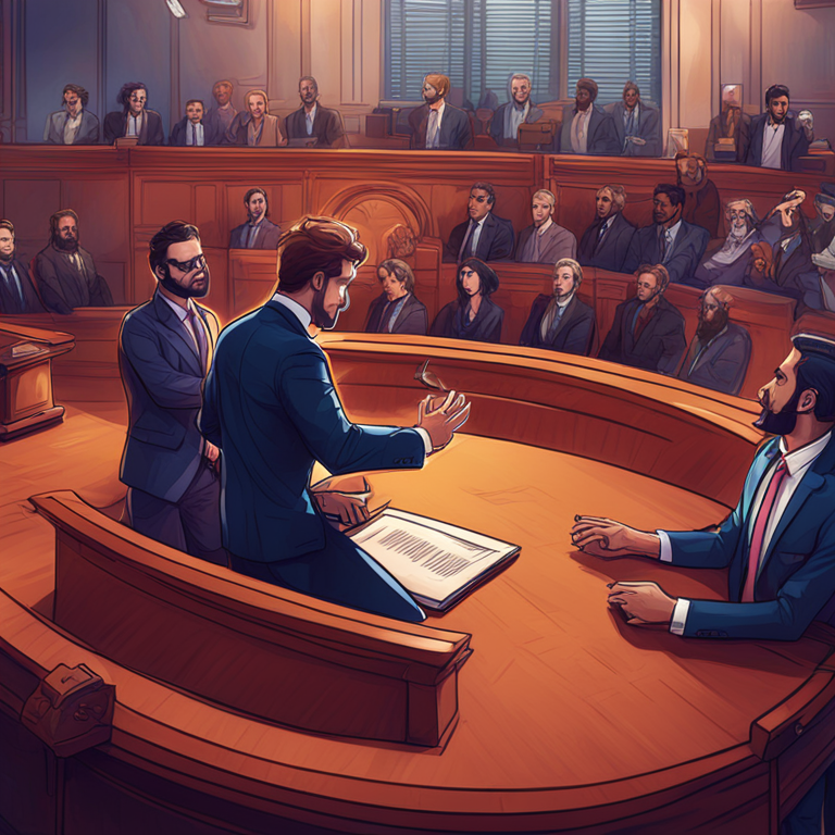 artistic digital illustration of a courtroom scene with Ripple Labs representatives defending XRP, trending on Artstation, high-resolution, vivid colors, intricate courtroom details, expressions of determination, digital art, Ripple vs SEC