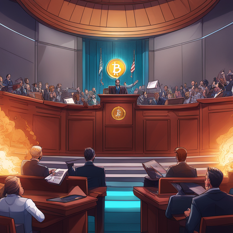 hand-drawn digital illustration, courtroom battle over cryptocurrency regulations, Artstation HQ, digital art, featuring Ripple Labs vs SEC, trending legal drama, intense judge ruling scene, vibrant colors, intricate expressions, high-tech courtroom setting