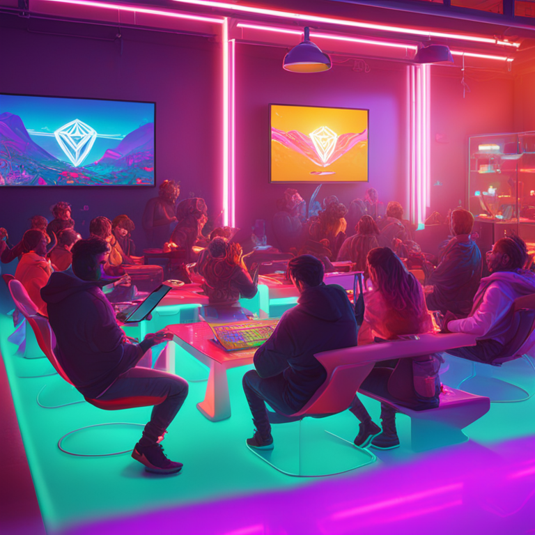 vivid digital illustration, Artstation HQ, digital art, an epic token launch event with users celebrating in a vibrant, neon-colored digital space