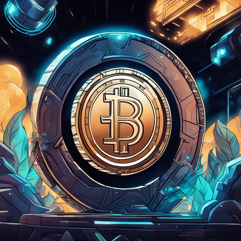 hand-drawn digital illustration of a rising coin with technology-themed futuristic background, inspired by the Artstation HQ style of digital art