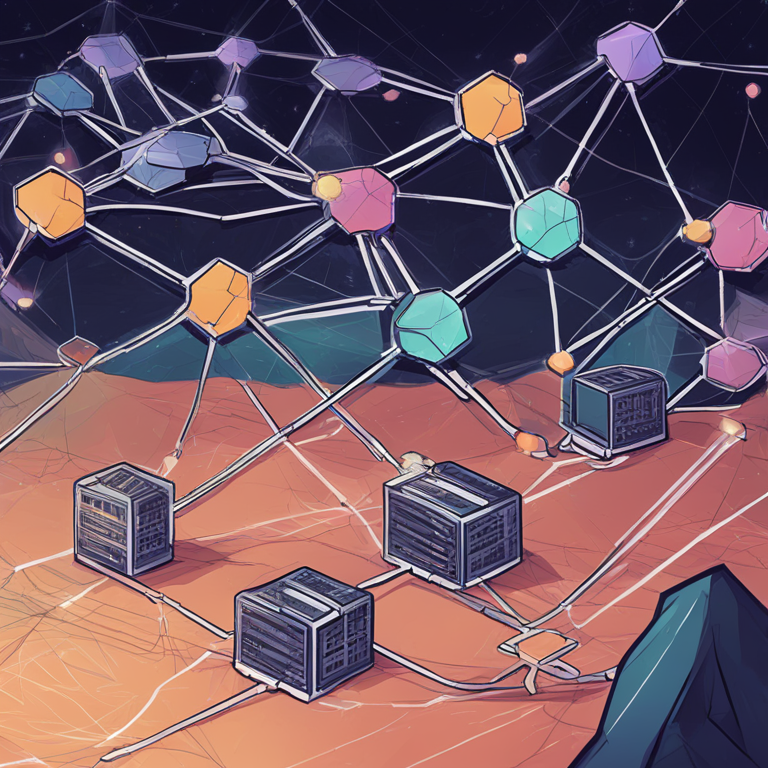 hand-drawn digital illustration depicting a complex blockchain network with interconnected nodes, inspired by Artstation HQ digital art style