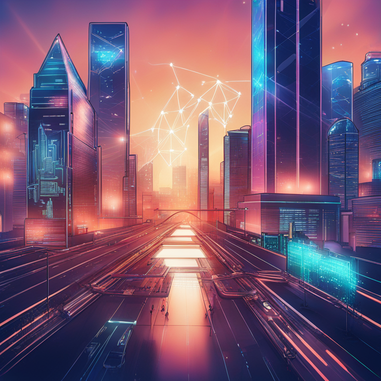 stylized hand-drawn digital illustration representing blockchain transaction growth and increasing fees, futuristic city backdrop with digital transaction lines, Artstation HQ, digital art