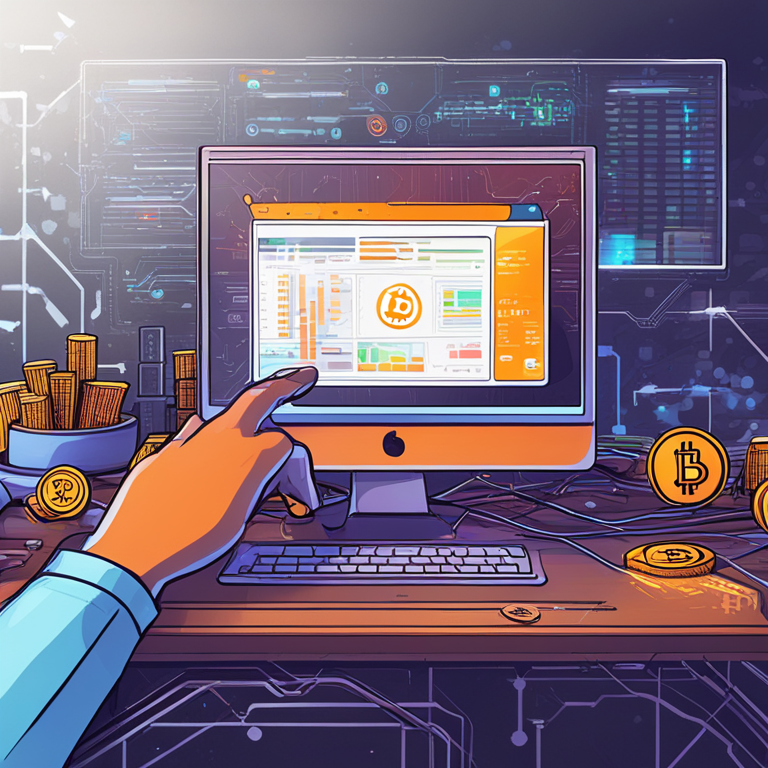 hand-drawn digital illustration, Artstation HQ, digital art, Bitcoin and EOS blockchain connection, futuristic dashboard, digital finance concept, intricate technology design, vibrant interaction between blockchains, trending on Artstation, high-tech