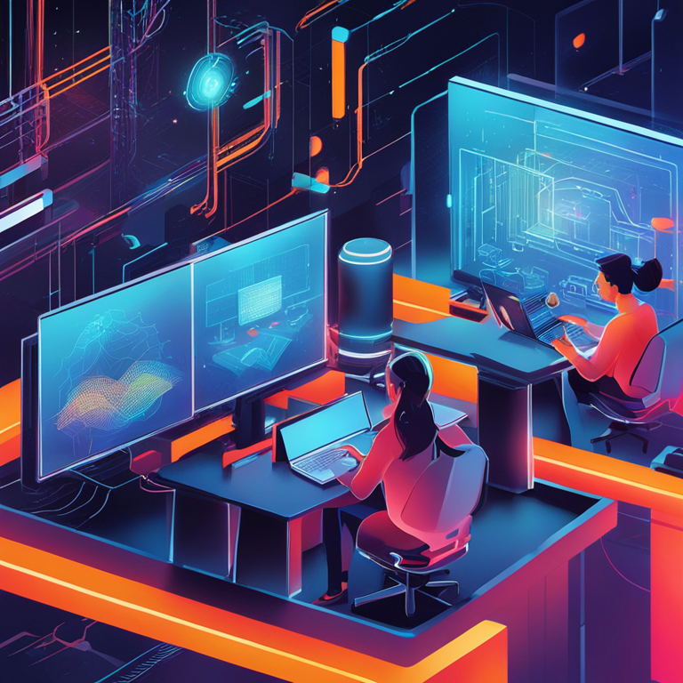 Hand-drawn digital illustration, Artstation HQ, digital art illustrating futuristic blockchain data analysis, developers working with high-tech tools, dynamic and vibrant colors, detailed and glossy finish, showing collaboration between Subsquid and Google, trending on Artstation