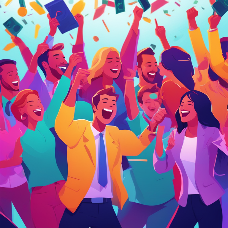 Illustration of investors celebrating a successful funding round, digital art, Artstation HQ, colorful, dynamic composition