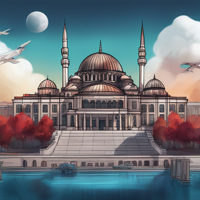 Hand-drawn digital illustration depicting the Turkish parliament in front of a futuristic cityscape, blending traditional architecture and modern tech, Artstation HQ, digital art