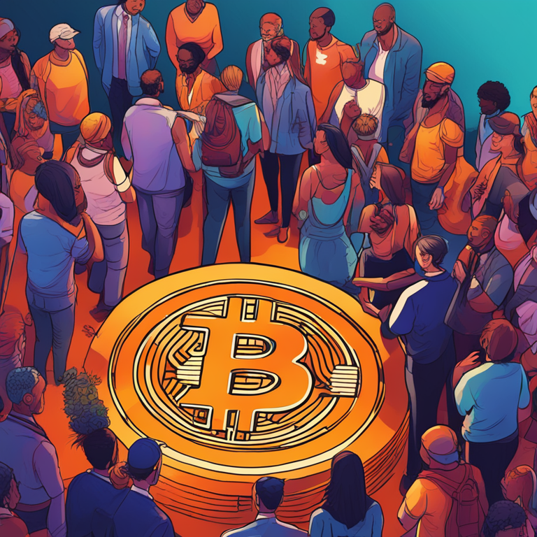 Hand-drawn digital illustration showing a diverse group of people around a large Bitcoin symbol, symbolizing institutional investment, created in the style of a trendy magazine publication, art by Artstation HQ, digital art, vibrant colors, high detail