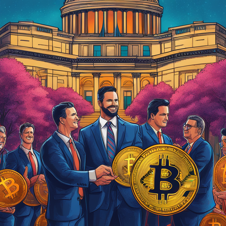 Hand-drawn digital illustration of Wisconsin pension fund managers holding Bitcoin ETFs with a backdrop of the state's capitol, art by Artstation HQ, vibrant colors, digital art, high detail