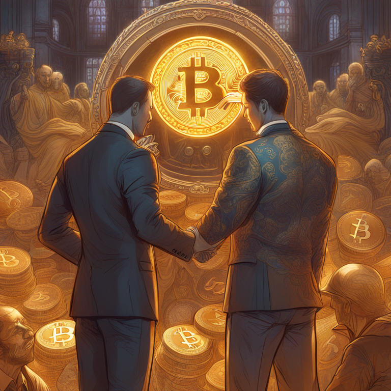 Hand-drawn digital illustration depicting institutional investors embracing Bitcoin ETFs, symbolizing growth and optimism in cryptocurrency markets, Artstation HQ, digital art, intricate details, vibrant palette, by Peter Mohrbacher and Donato Giancola.