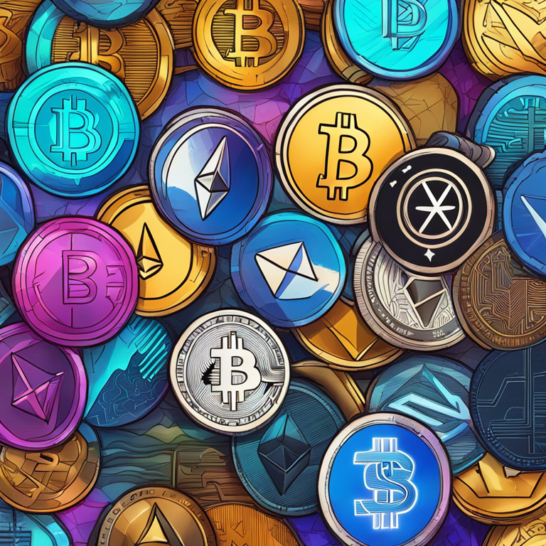 Hand-drawn digital illustration of various cryptocurrencies trending, vibrant colors, Artstation HQ digital art, detailed and abstract background