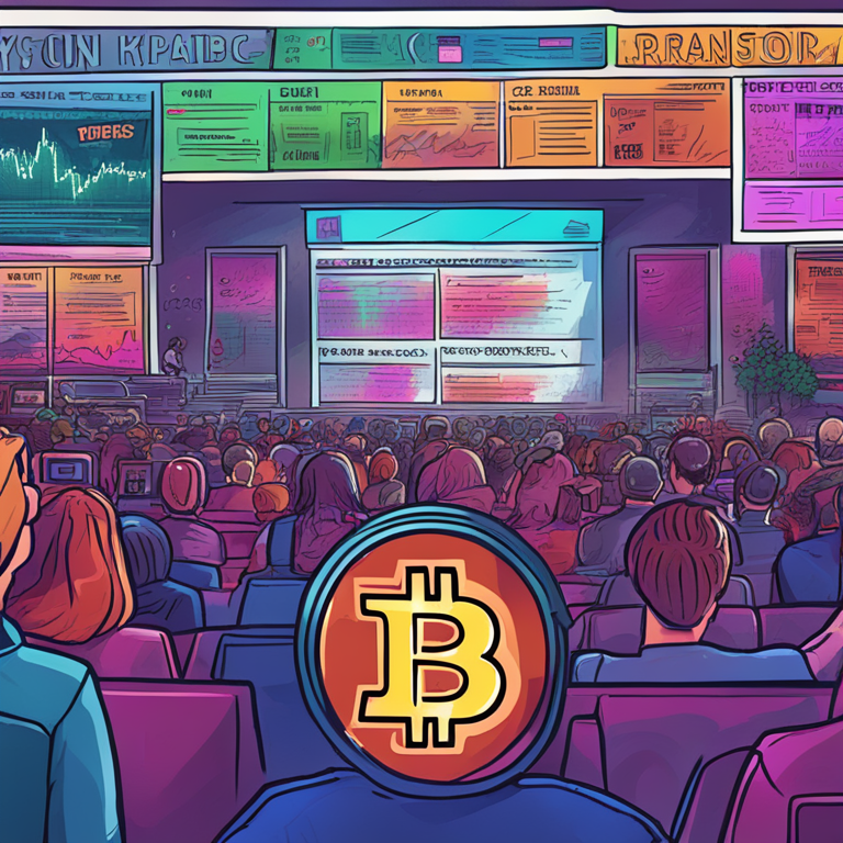 Hand-drawn digital illustration of news headlines about notable crypto events, vibrant colors, Artstation HQ digital art