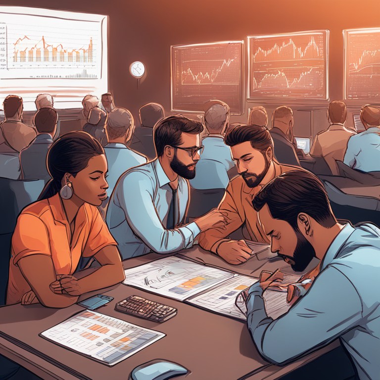 Hand-drawn digital illustration of diverse investors pondering over Bitcoin ETF options, Artstation HQ, digital art, focused, captivating, high detail on expressions and financial charts