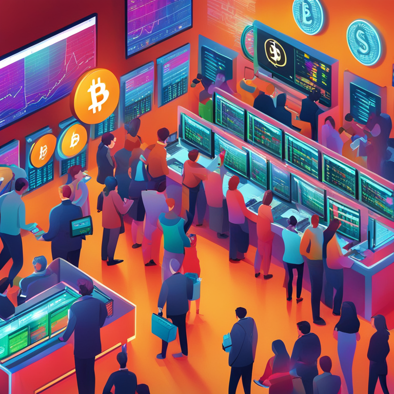 Digital illustration of a bustling financial market with people actively trading Bitcoin ETFs, Artstation HQ, modern, crisp, full of life and energy, vibrant colors