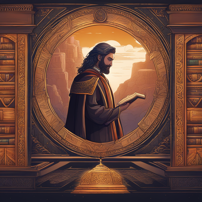 A captivating hand-drawn digital illustration of a scholar holding a book titled 'The Lydian Stone', digital art, Artstation HQ, intricately detailed, historical ambiance, vibrant colors, educational theme, elegant ancient backdrop