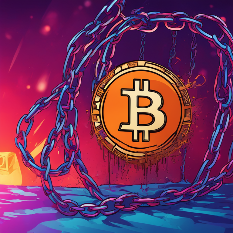 A vivid digital illustration of Bitcoin surrounded by broken chains, symbolizing criticism, vibrant colors, stylized backgrounds, Artstation HQ, digital art