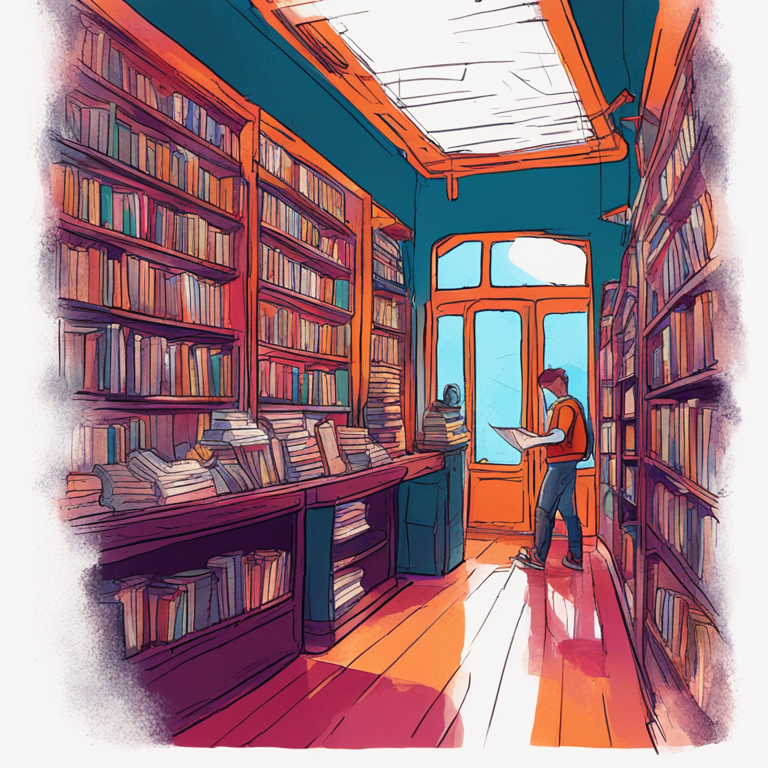 hand-drawn digital illustration, an insightful and curious individual browsing through a freshly published book in a vibrant, artistic bookstore, Artstation HQ, digital art, abstract colors, lively atmosphere, textures of paper and ink