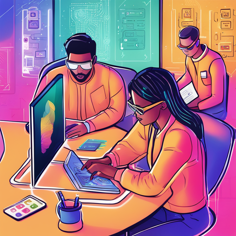 Hand-drawn digital illustration of users interacting with a blockchain application, colorful and dynamic interface, Artstation HQ, digital art