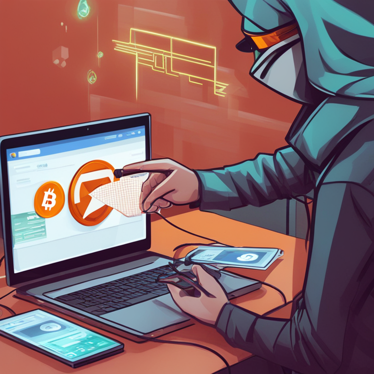 Close-up digital illustration of a phishing scam in cryptocurrency, showing a sneaky hacker trick, Artstation HQ, digital art