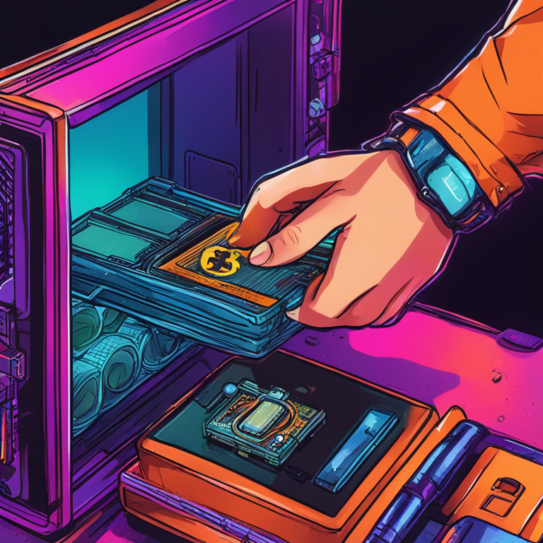 Hand-drawn digital illustration of a person securing their Bitcoin with a hardware wallet, Artstation HQ, vibrant colors, detailed, trending on Artstation, digital illustration