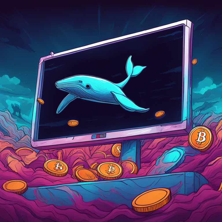 Hand-drawn digital illustration of a distressed cryptocurrency whale on a digital screen, representing a significant Bitcoin loss, Artstation HQ, digital art, trending on art platforms, vivid colors, sleek design