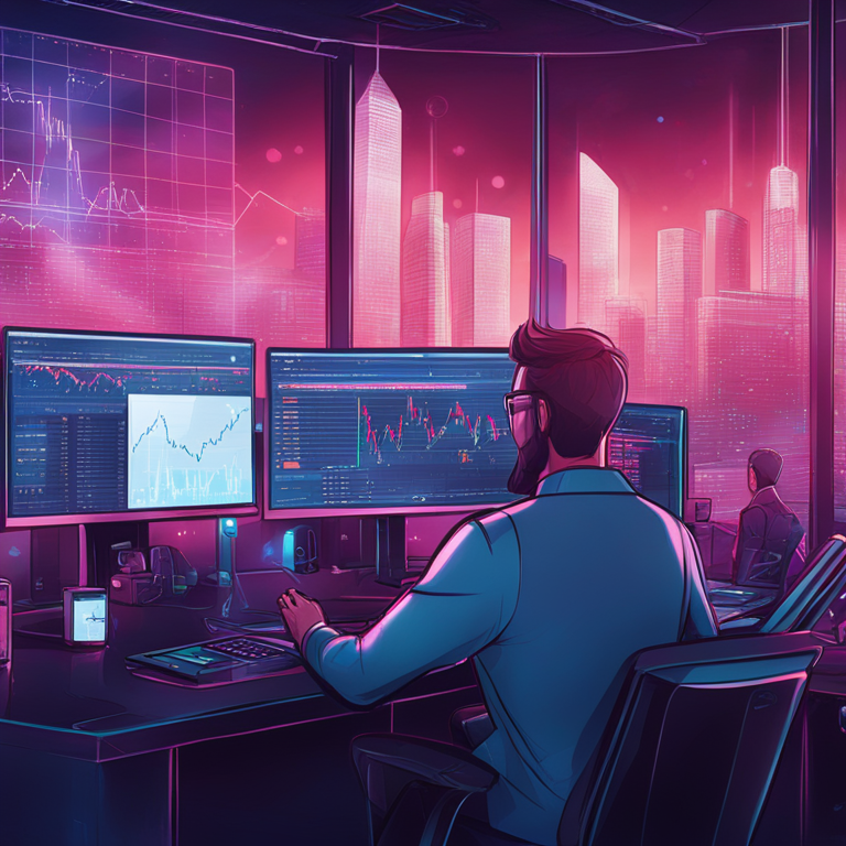 hand-drawn digital illustration of futuristic decentralized exchange platform, Artstation HQ, digital art, people using different blockchain networks in a single interface, vibrant and detailed financial charts, high-tech futuristic environment