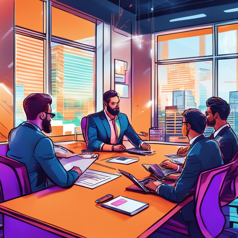 hand-drawn digital illustration of financial analysts discussing cryptocurrency ETFs in a modern office, vibrant colors, Artstation HQ, digital art