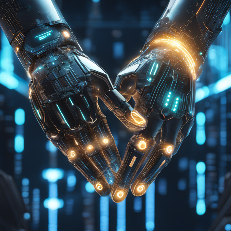 artistic representation of a handshake between futuristic robotic hands surrounded by digital elements, Artstation HQ, digital art, intricate details, and glowing data streams floating around, high-tech theme, trending on Artstation