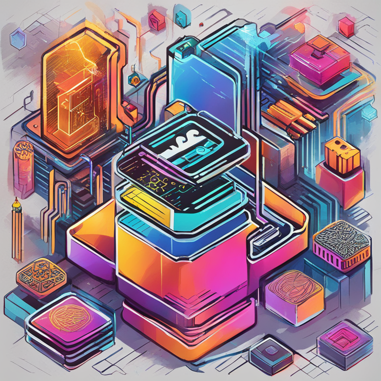 hand-drawn digital illustration of decentralized applications on blockchain, Artstation HQ, digital art, vibrant gaming motif, trendy visuals for magazine, colorful and detailed representation