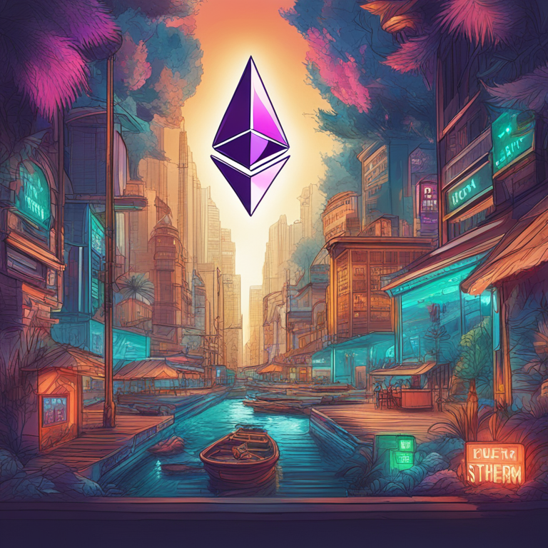 Professional and captivating digital illustration of Ethereum's bullish market sentiment, hand-drawn, Artstation HQ, vibrant colors, detailed elements, trending on art platforms