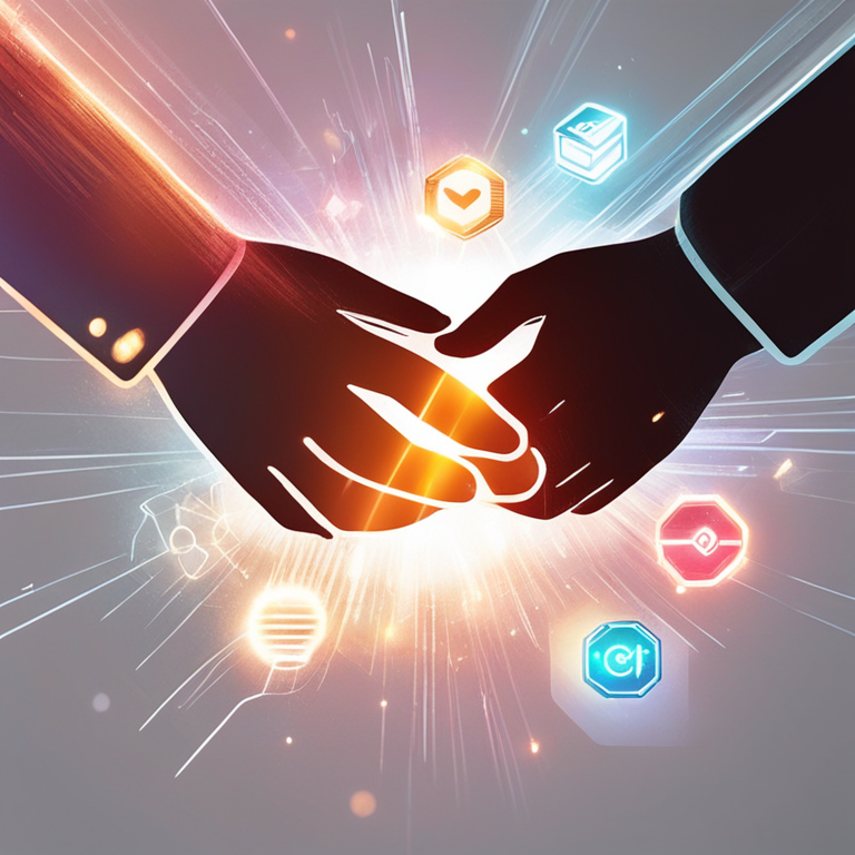 Hand-drawn digital illustration of two abstract figures shaking hands, glowing digital payment icons floating around, sense of partnership, Artstation HQ, digital art.