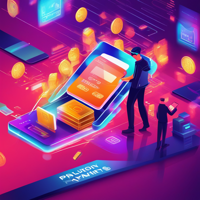 illustration of digital payments revolution - abstract digital art, trending on Artstation, vivid colors, futuristic, digital commerce transformation, sleek design, high-tech environment, hand-drawn digital illustration, Artstation HQ, digital art