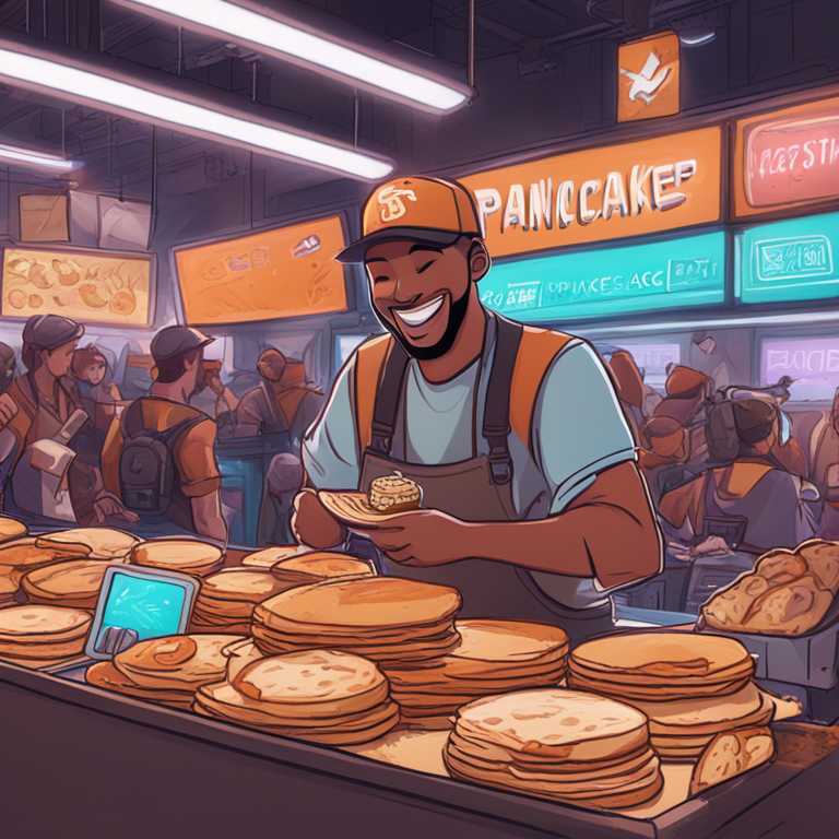 hand-drawn digital illustration, Artstation HQ, digital art, showing a trader happily getting refunded in a bustling digital marketplace, with PancakeSwap and Uniswap symbols in background