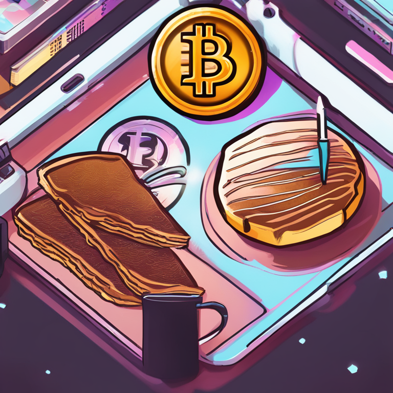 Hand-drawn digital illustration of crypto trading interface with PancakeSwap and Uniswap logos, digital art, Artstation HQ