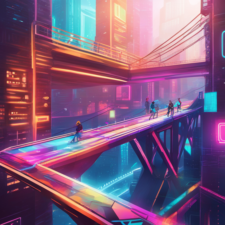 hand-drawn digital illustration, Artstation HQ, colorful NFTs being transferred between blockchains through a futuristic bridge, bright colors, advanced technology theme, digital art, trending on Artstation