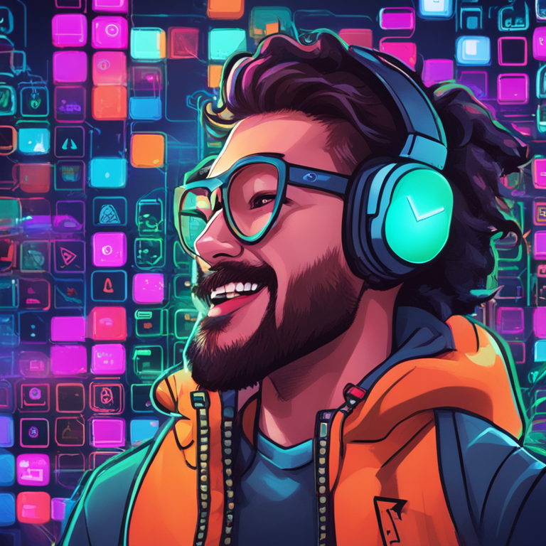 digital illustration of an excited blockchain enthusiast, NFT ecosystem, blockchain interconnectedness, vibrant and modern, Artstation HQ