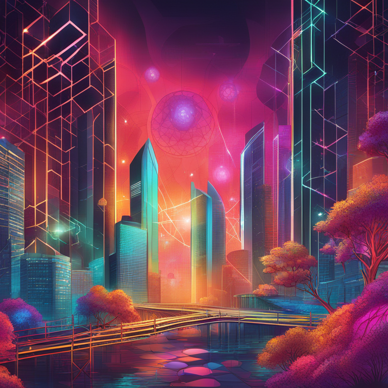 hand-drawn digital illustration, Artstation HQ, digital art, an abstract representation of blockchain technology bridging two distinct ecosystems, futuristic style, vibrant colors, detailed, emphasizing connectivity and innovation, trending on Artstation