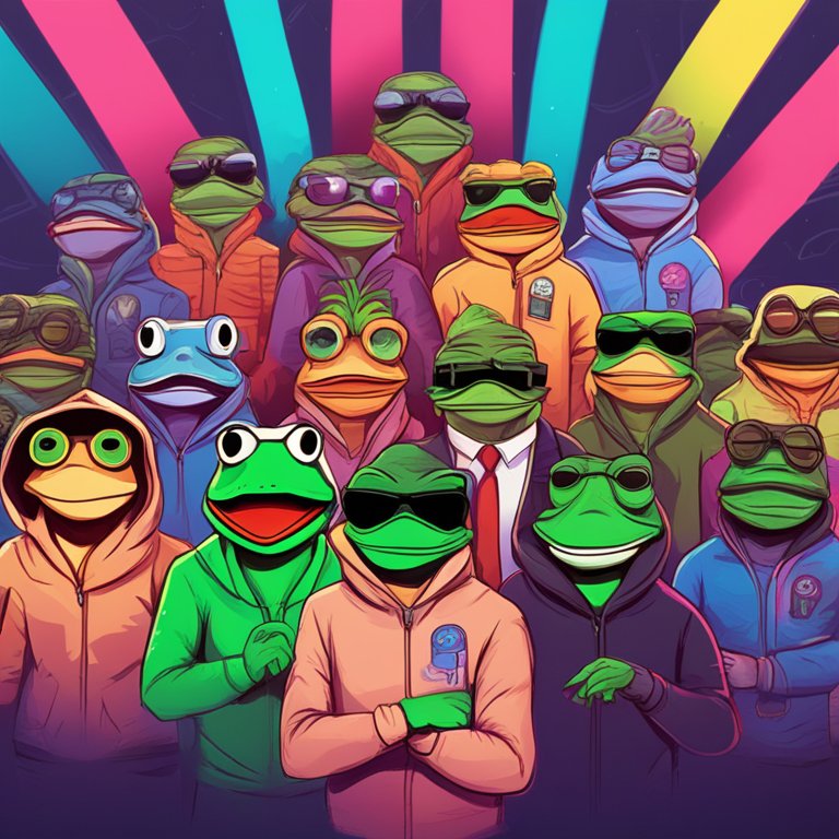 Creative illustration of a group of crypto enthusiasts united as frens, digital art, Artstation HQ, Pepe the Frog community spirit, decentralization movement, vivid colors, hand-drawn style, inclusive vibe